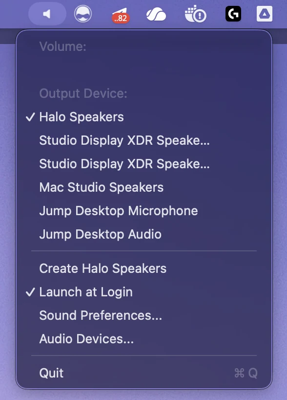 Halo menu-bar dropdown on macOS showing Volume slider, Output Device list with Halo Speakers selected and both Studio Display XDR Speakers listed, and action items including Create Halo Speakers, Launch at Login, Sound Preferences and Audio Devices